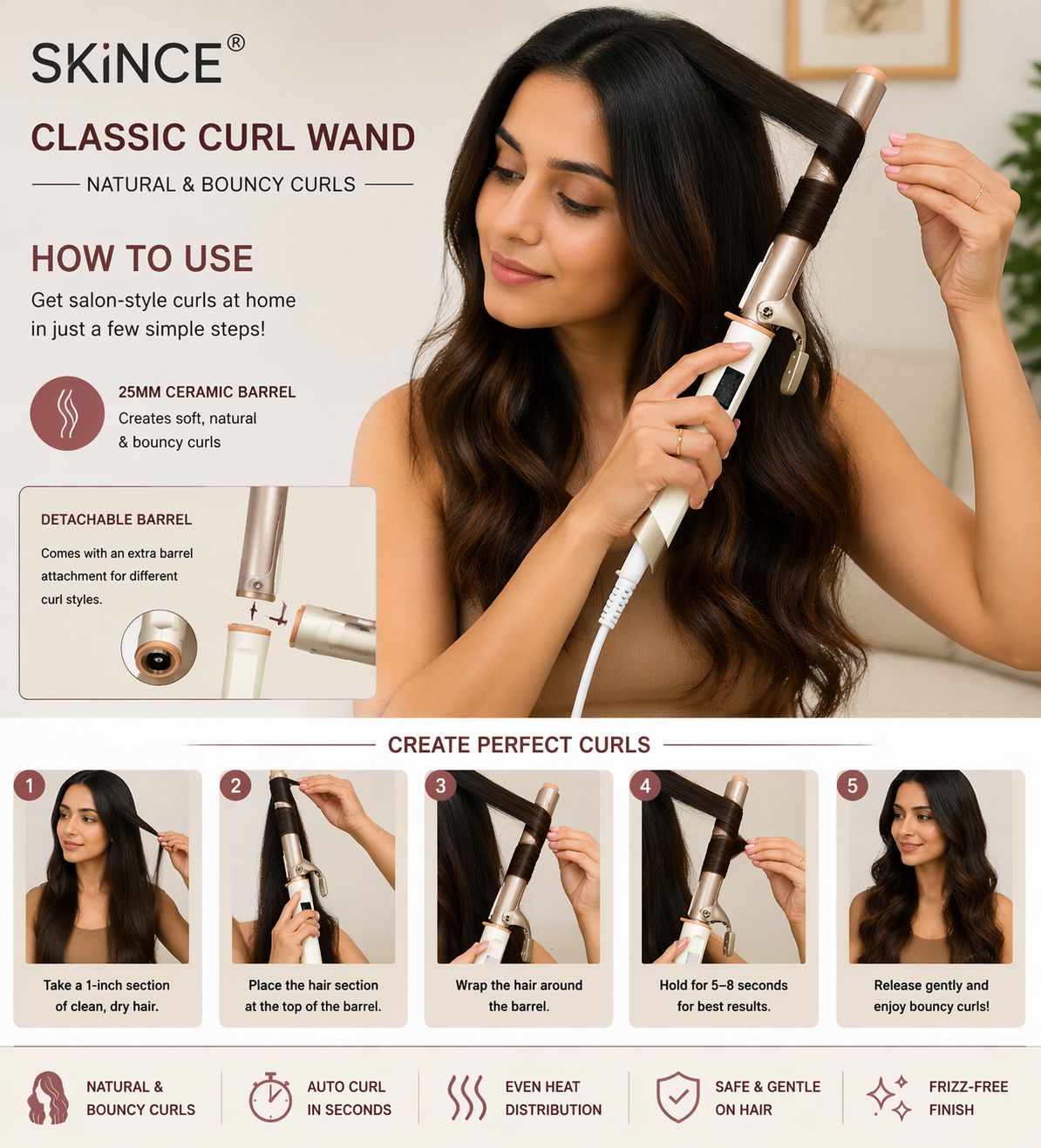 SKINCE 22 mm ceramic curling iron in champagne and white
