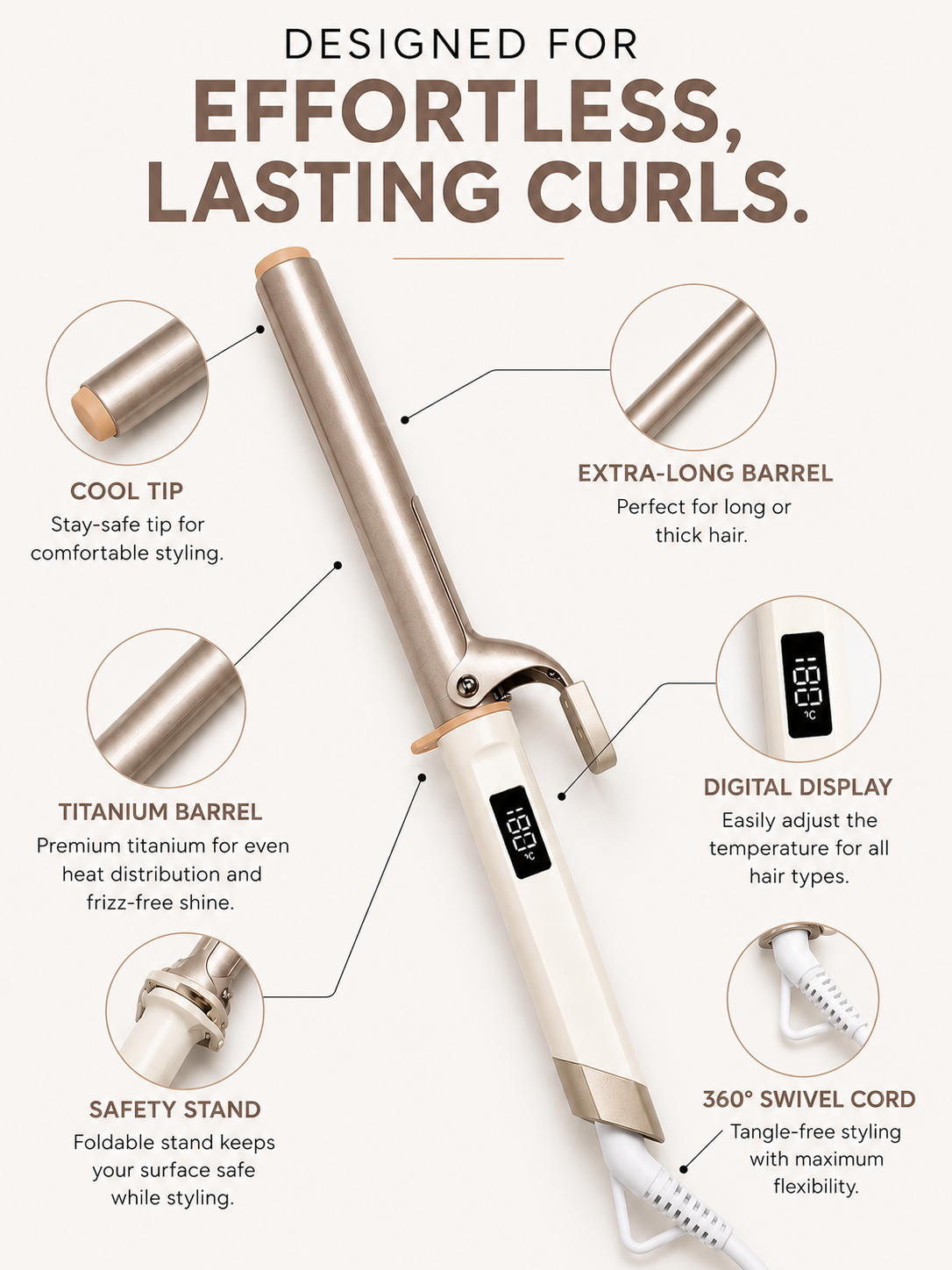 SKINCE 22 mm curling iron with natural bouncy curls and key features
