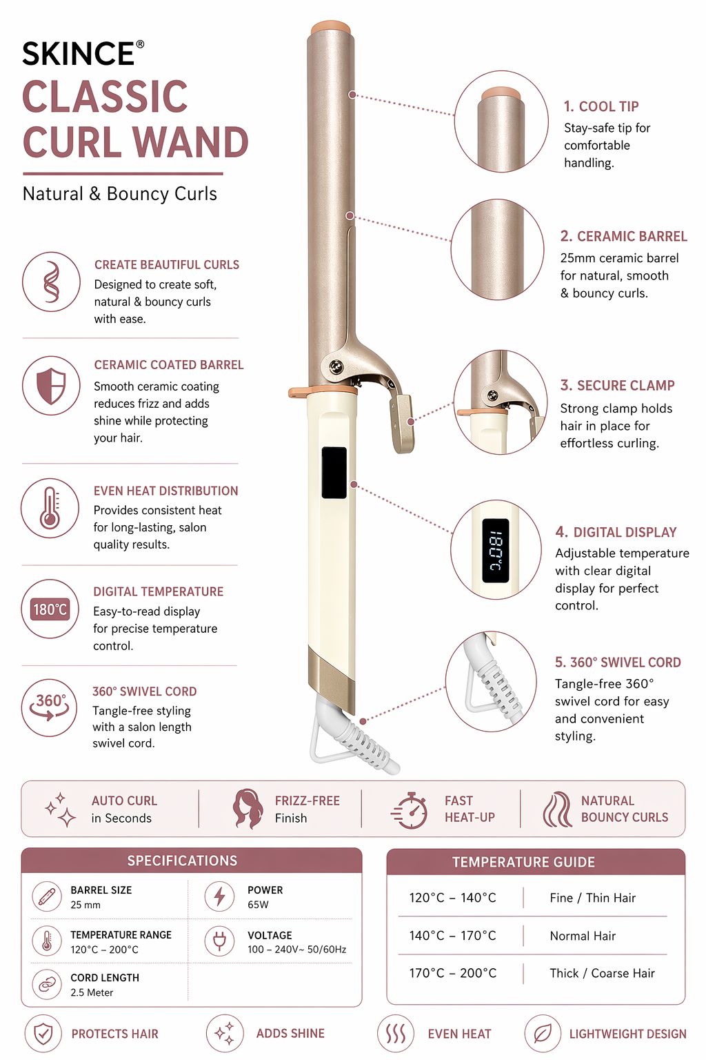 Woman creating curls with the SKINCE curling iron at home