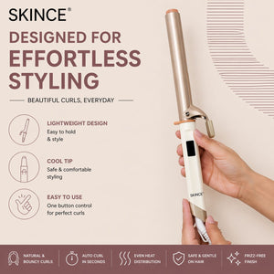 SKINCE curling iron with ceramic barrel, digital display and styling features